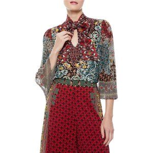 Alice & Olivia Elaina Sunburst Tie Neck Top Blouse